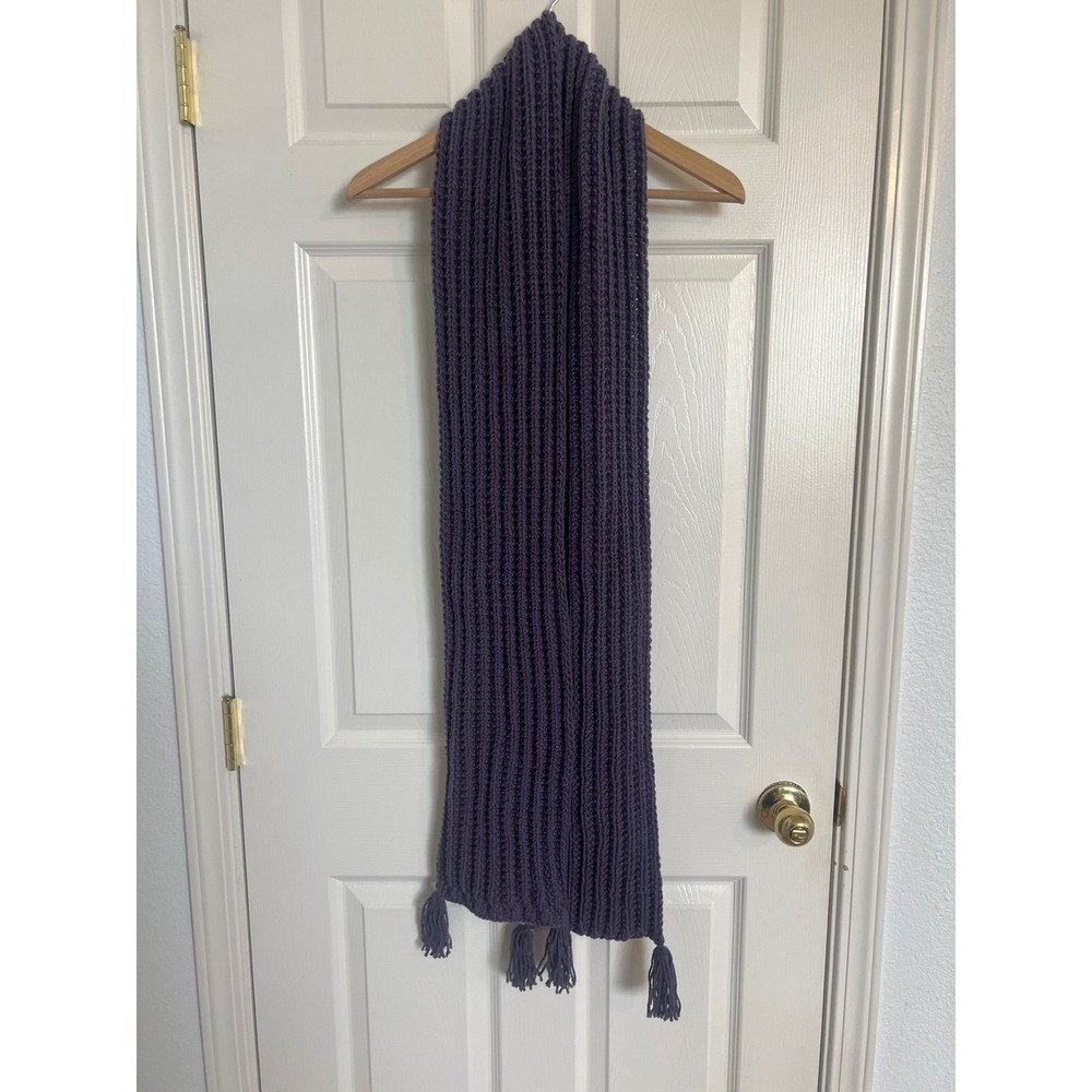 Handmade Ribbed Knit Scarf Charcoal Purple Fringe Boho Cozy Unisex 76"
